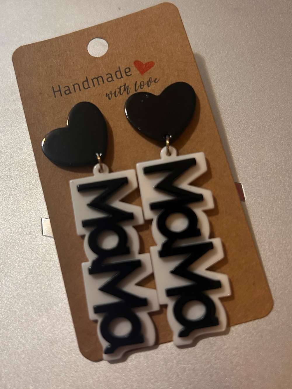 Handmade Black & White 'Mama' Heart Drop Earrings
